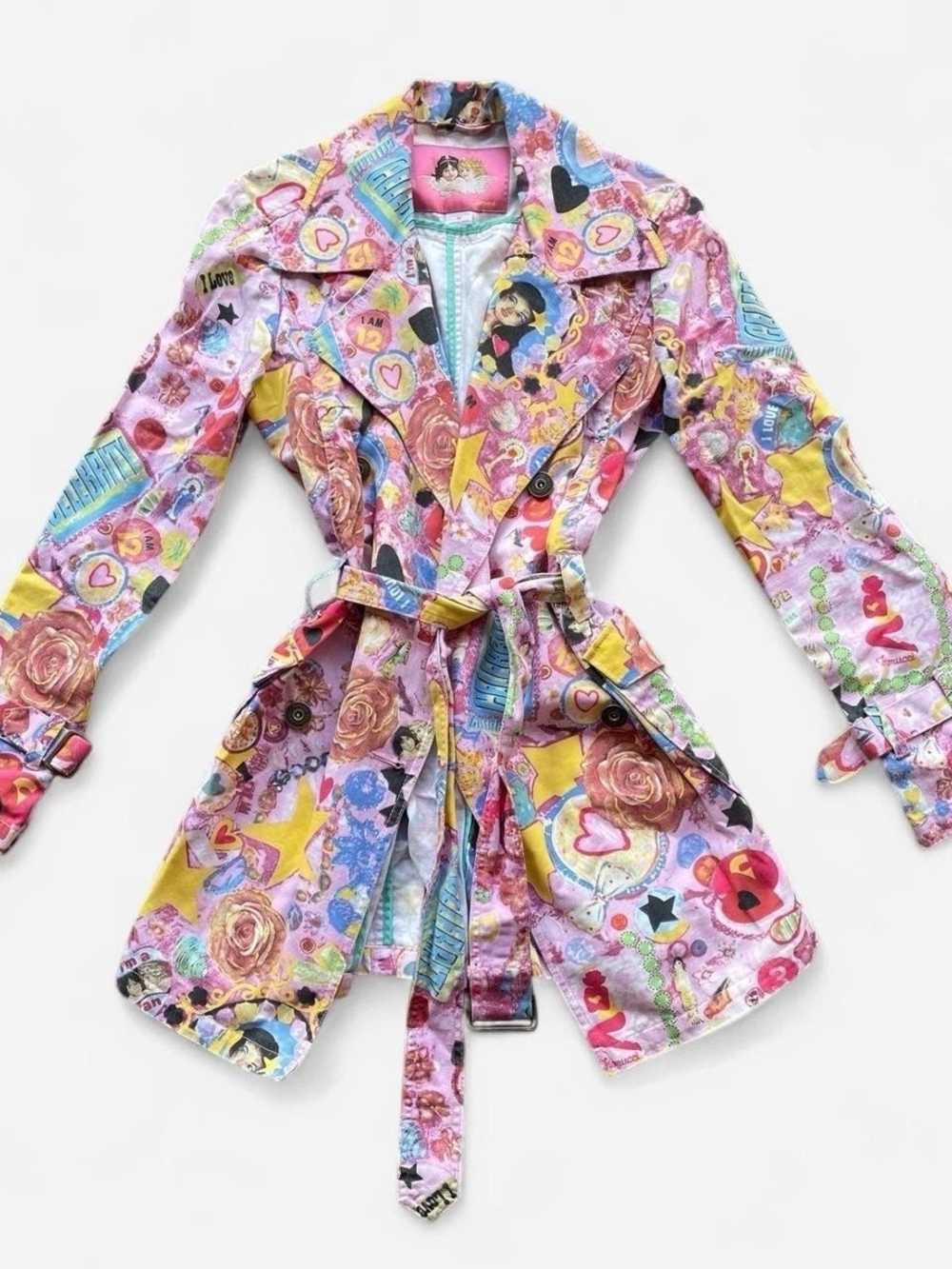Fiorucci Pink Multi Print Trench Coat with Yellow & Blue Accents